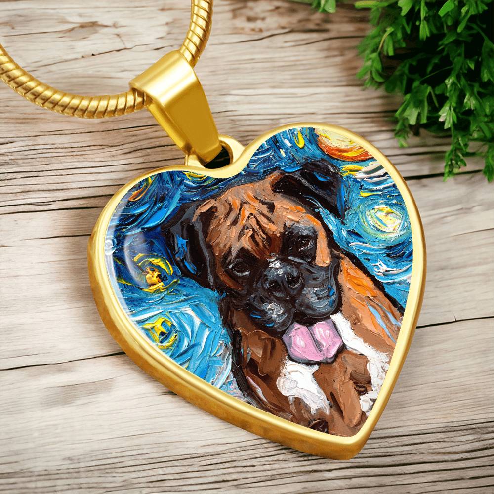 Boxer Portrait Starry Night Heart Necklace