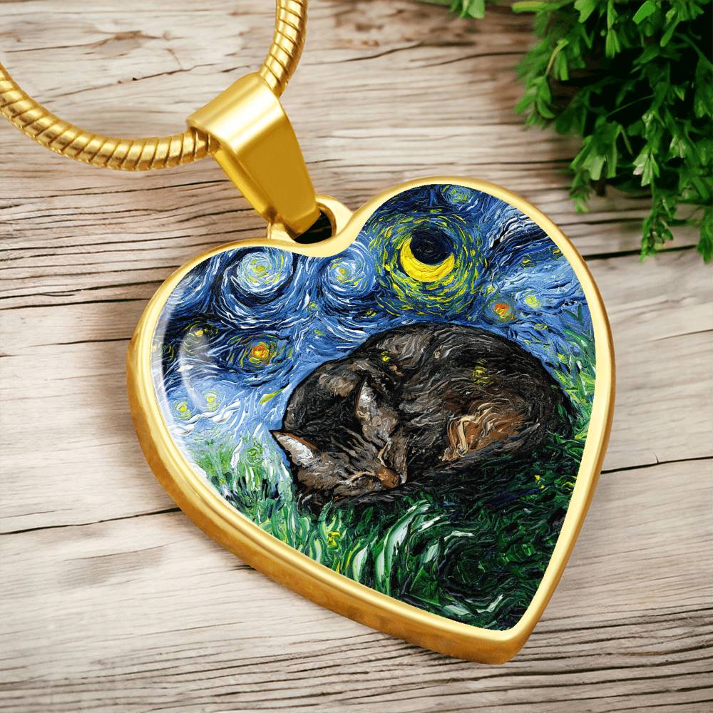 Sleeping Brown Tabby Starry Night Heart Necklace