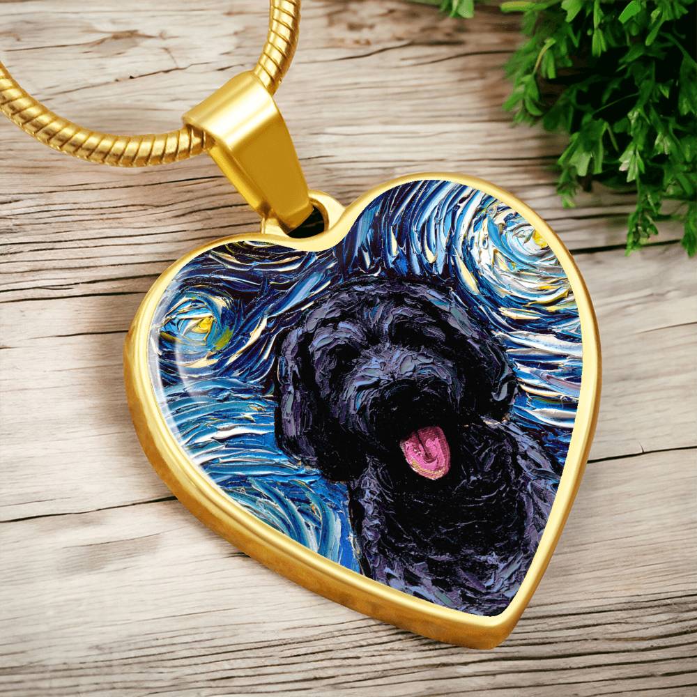 Black Goldendoodle Portrait Starry Night Heart Necklace