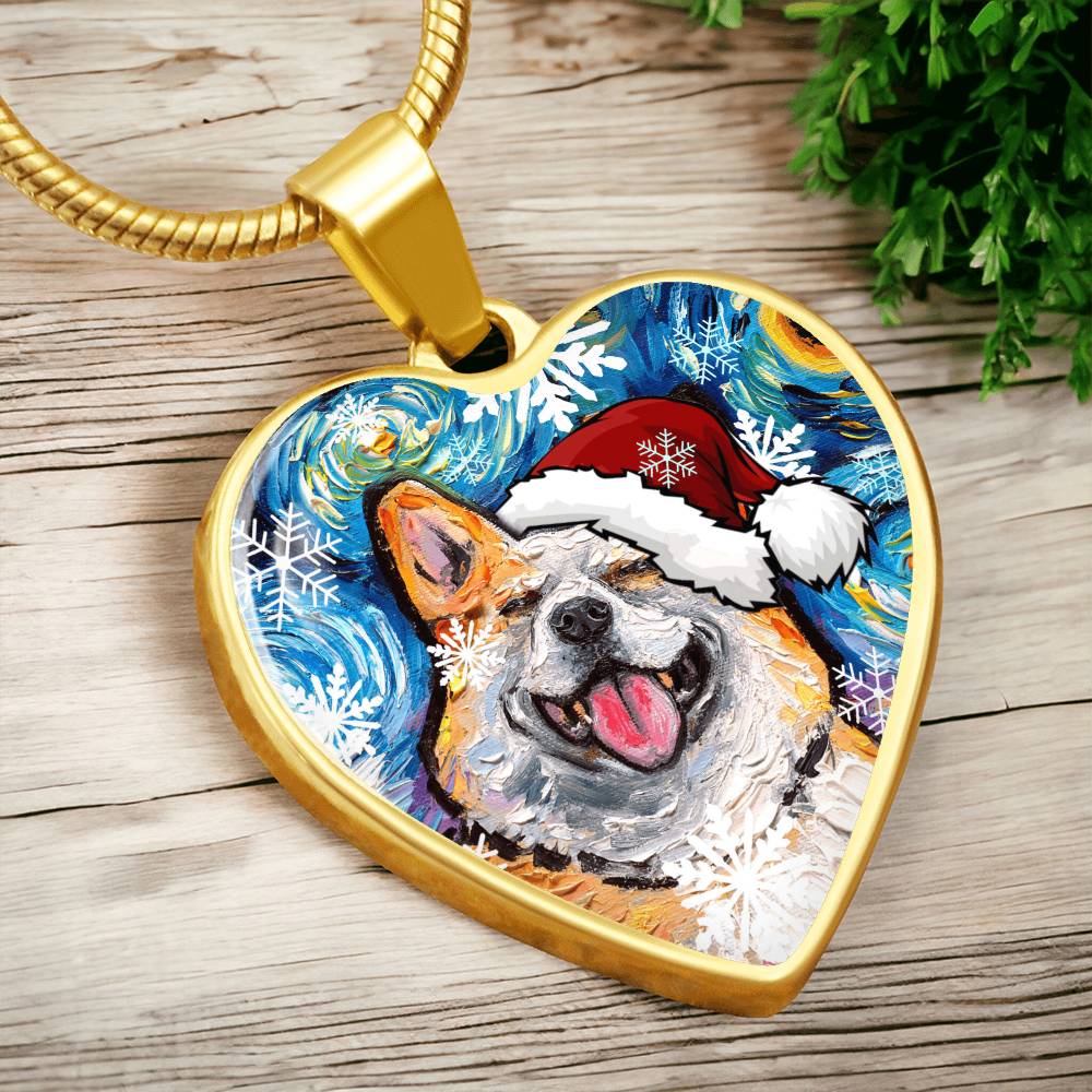 Smiling Corgi Christmas Heart Necklace