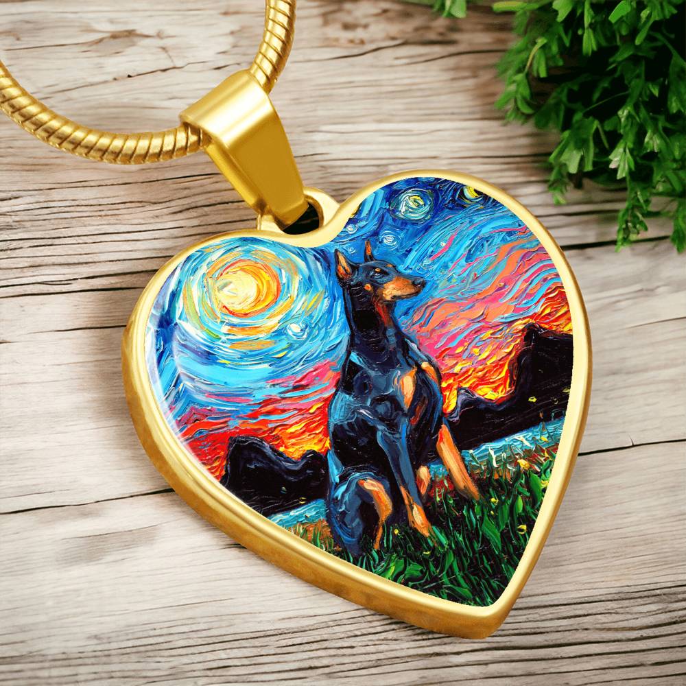 Doberman Pinscher Starry Night Heart Necklace