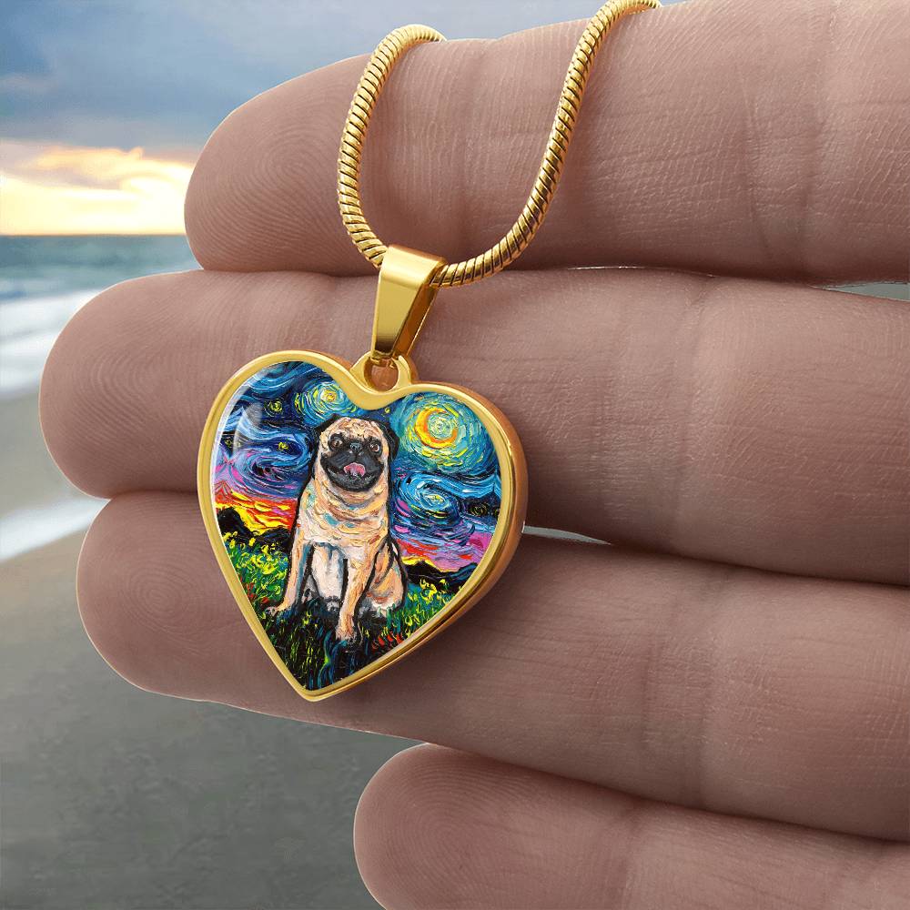 Fawn Pug Starry Night Heart Necklace
