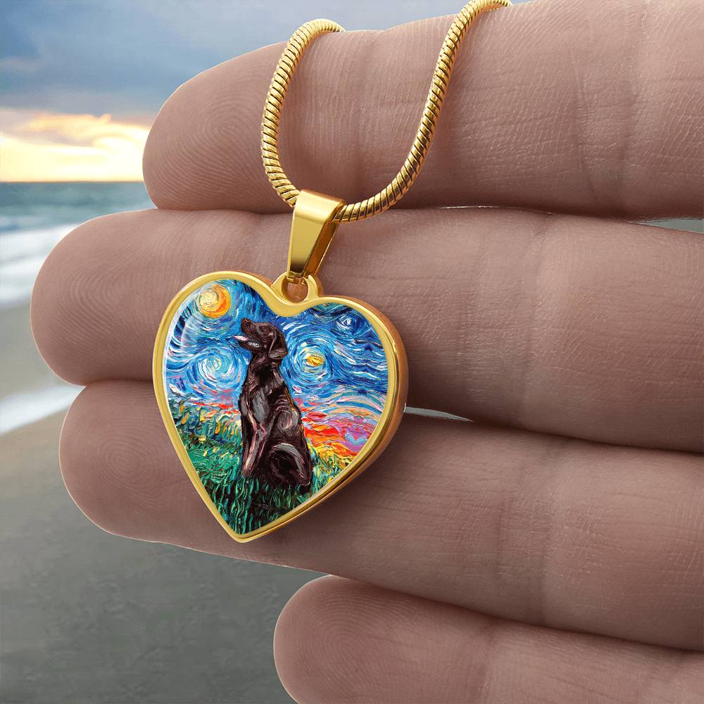 Chocolate Labrador Starry Night Heart Necklace