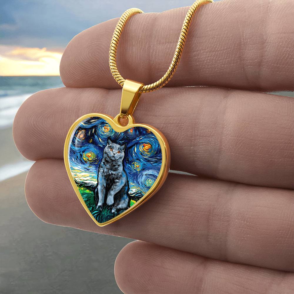 Blue British Shorthair Starry Night Heart Necklace