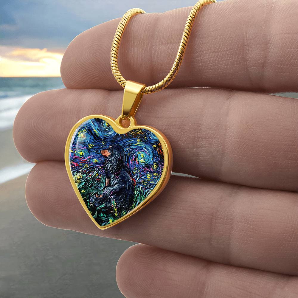 Black and Tan Long Hair Dachshund Starry Night Heart Necklace