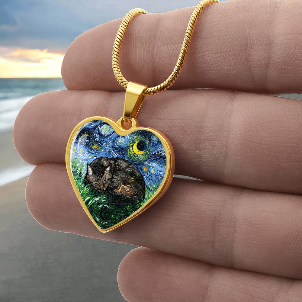 Sleeping Brown Tabby Starry Night Heart Necklace