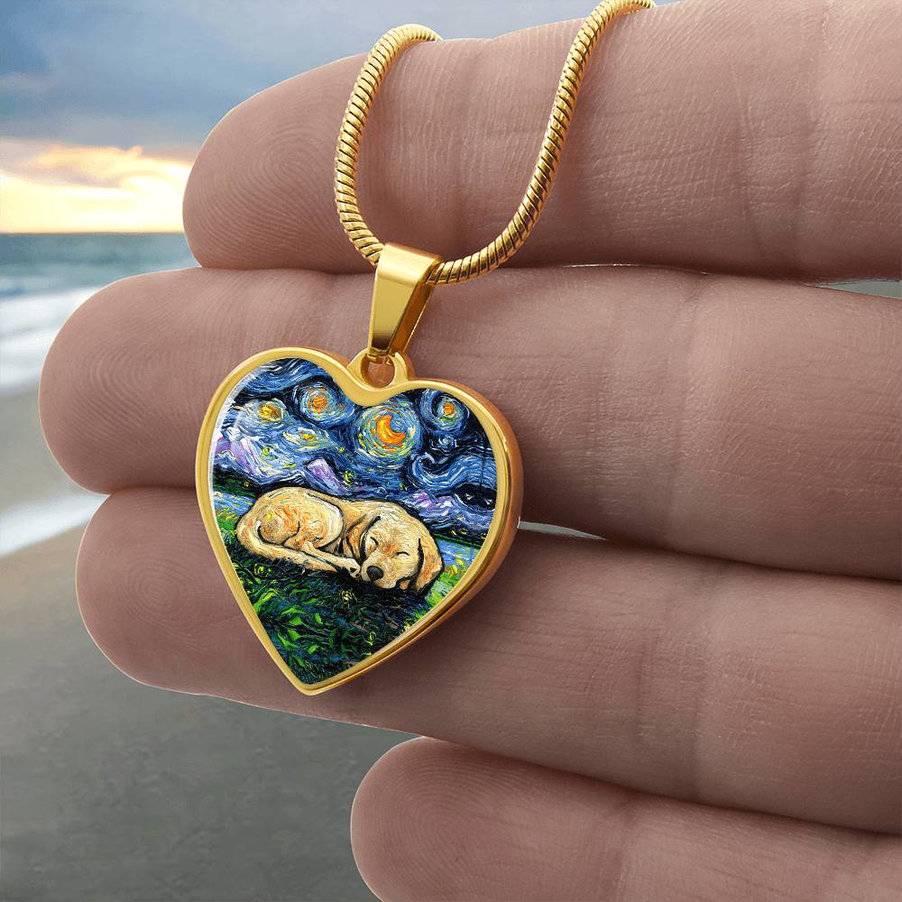Sleeping Yellow Labrador Starry Night Heart Necklace
