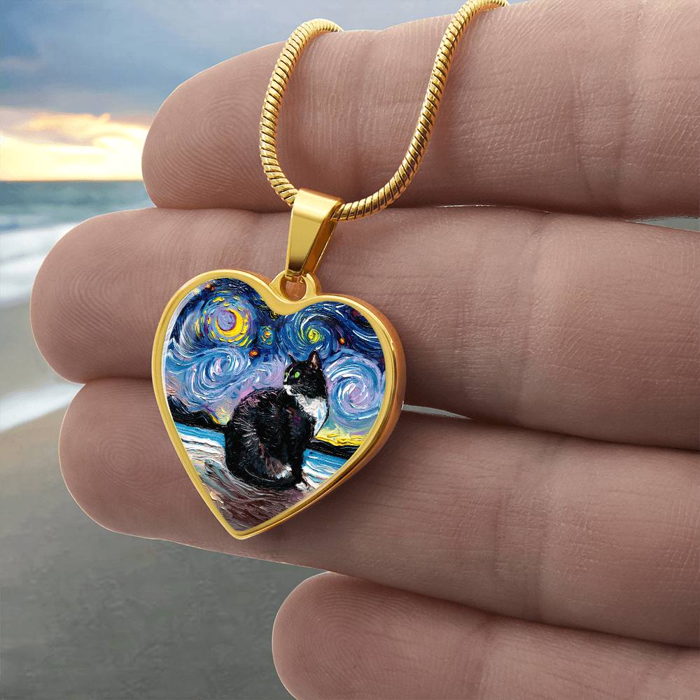 Tuxedo Cat with Yellow Eyes and White up nose Starry Night Heart Necklace