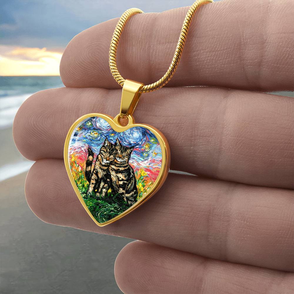Two Tabby Cats Starry Night Heart Necklace