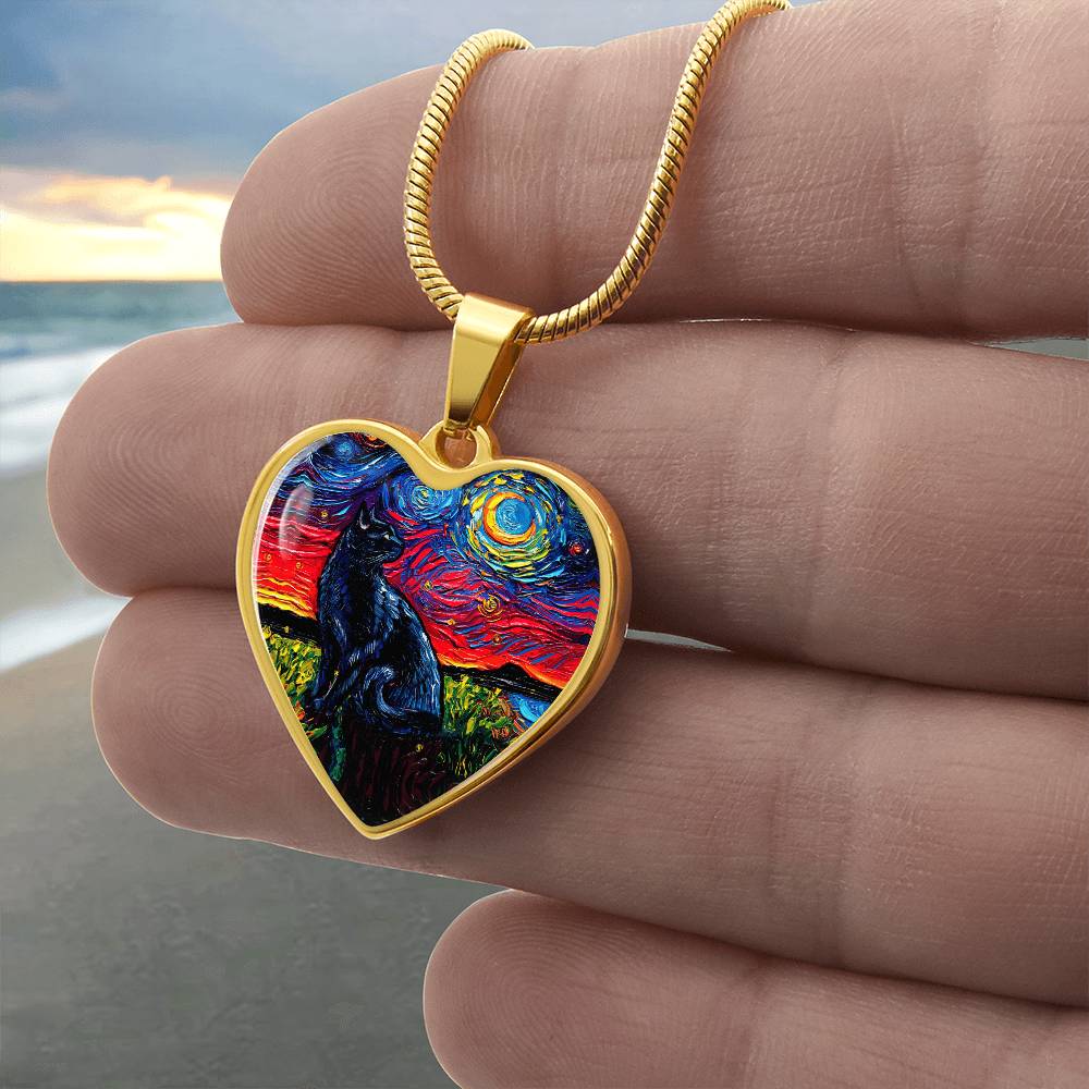 Black Cat 2 Starry Night Heart Necklace