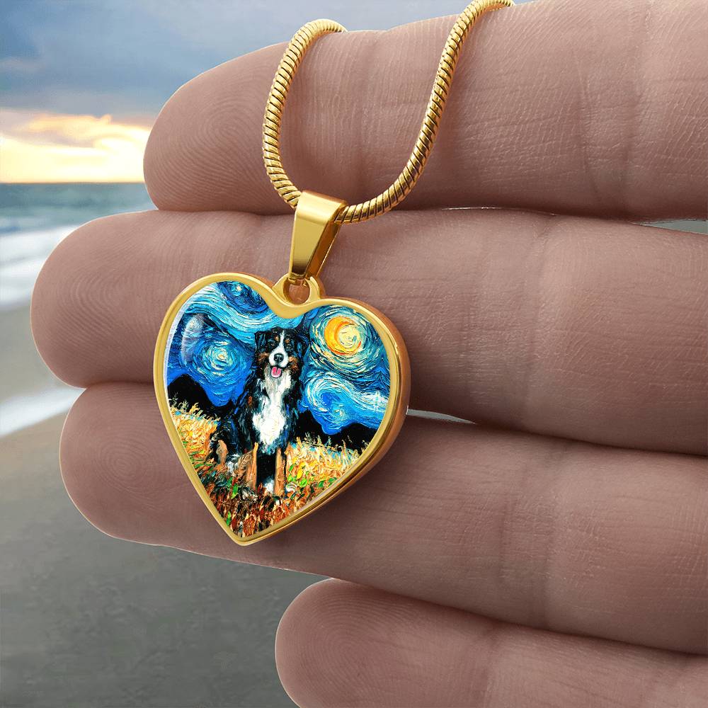 Bernese Mountain Dog Starry Night Heart Necklace