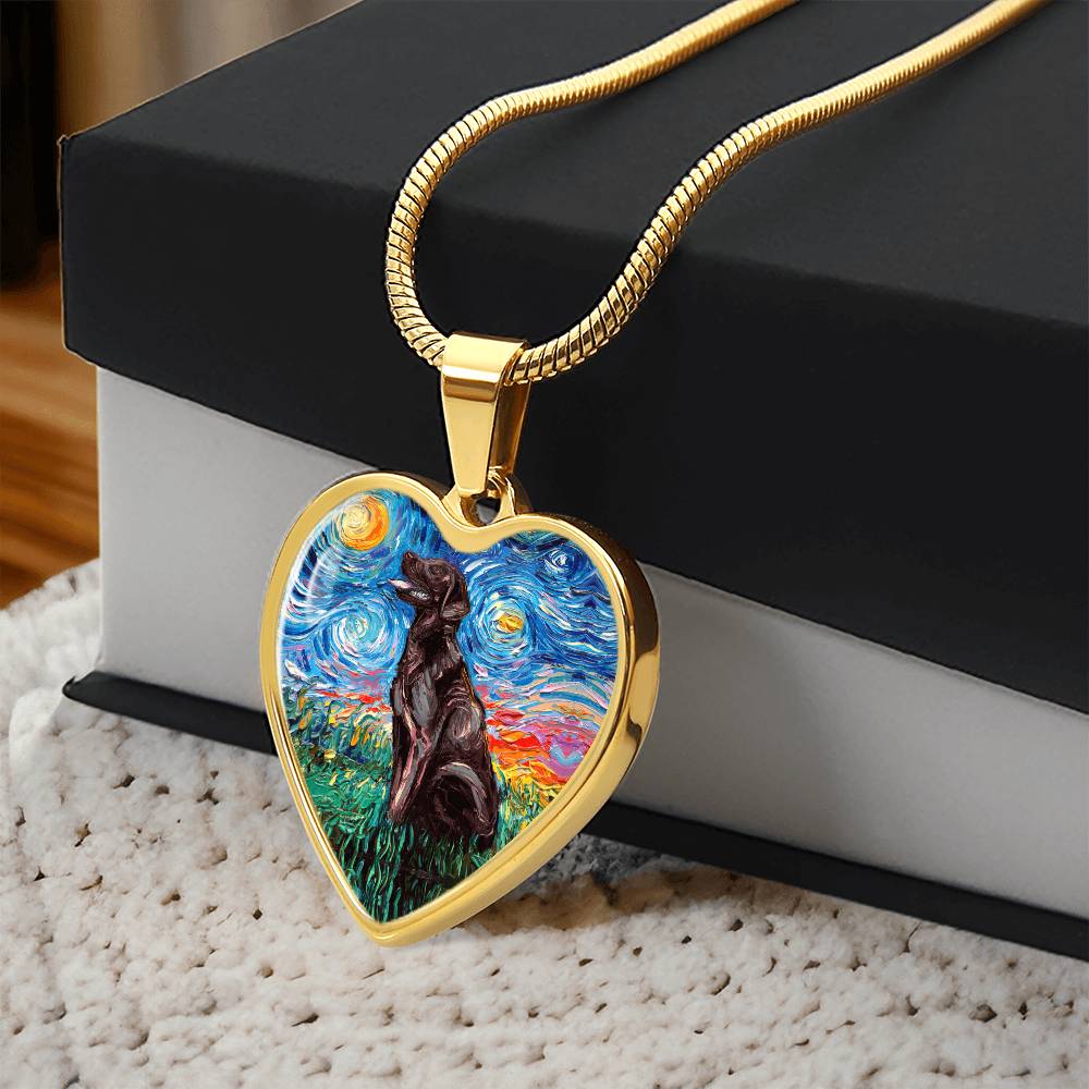 Chocolate Labrador Starry Night Heart Necklace