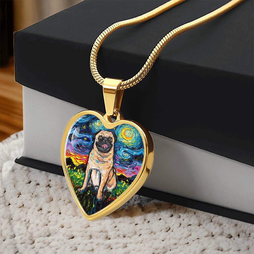 Fawn Pug Starry Night Heart Necklace