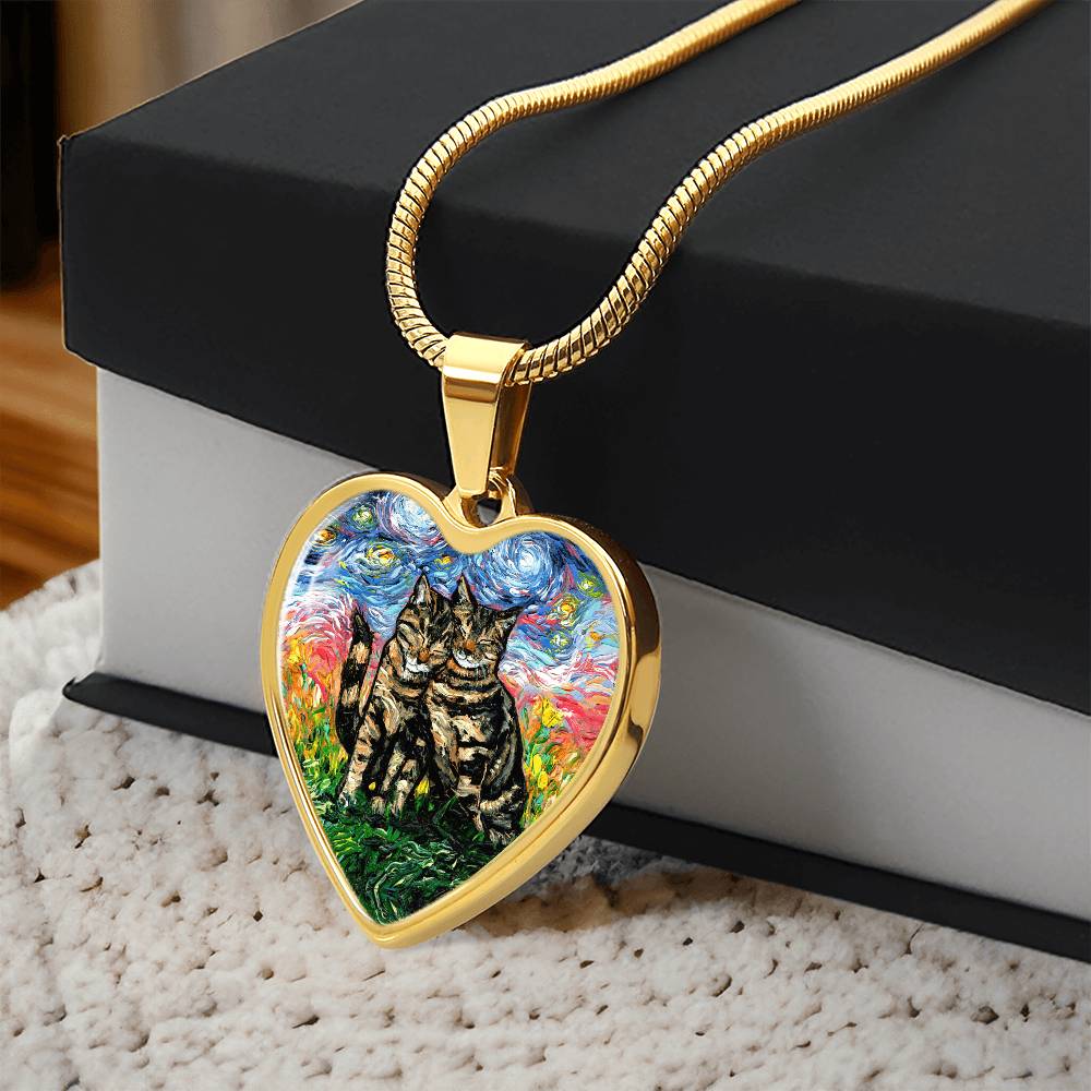 Two Tabby Cats Starry Night Heart Necklace