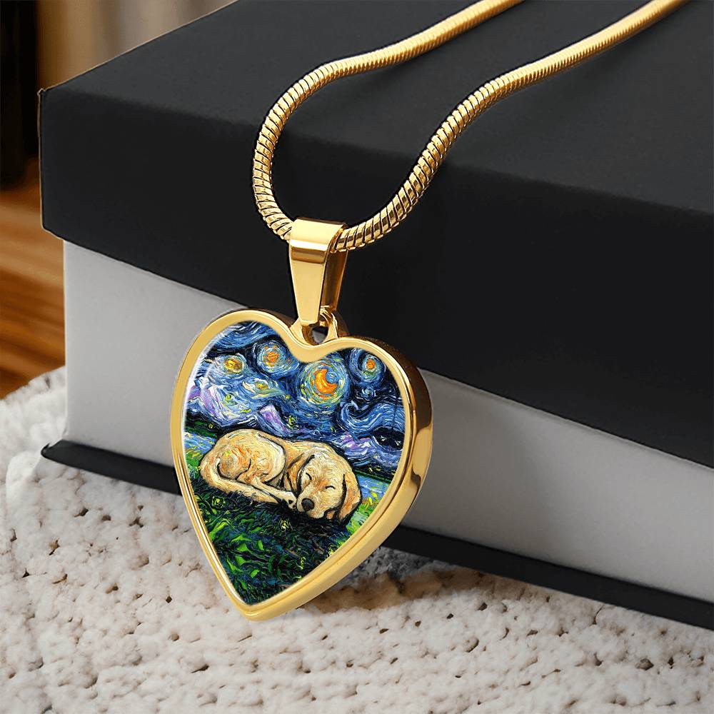 Sleeping Yellow Labrador Starry Night Heart Necklace