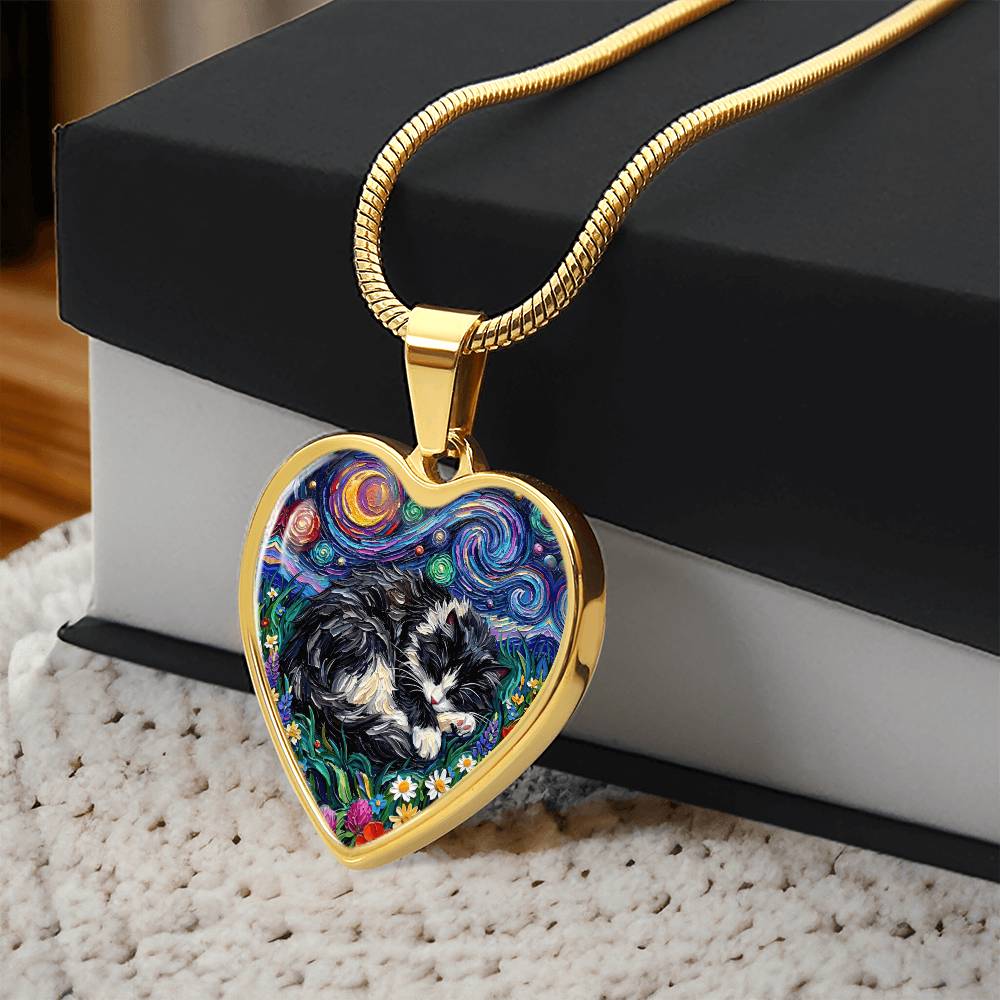 Sleepy Long Hair Tuxedo Heart Necklace