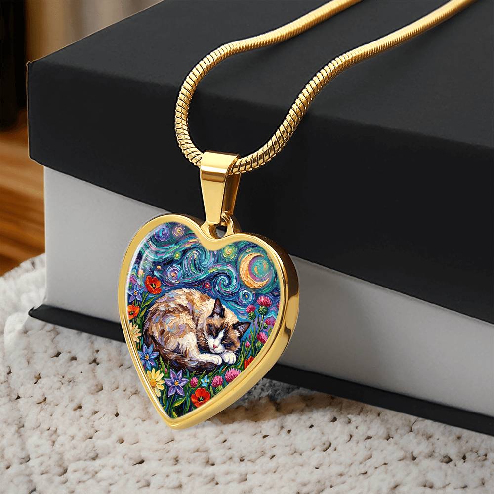 Sleepy Snowshoe Cat Night Heart Necklace