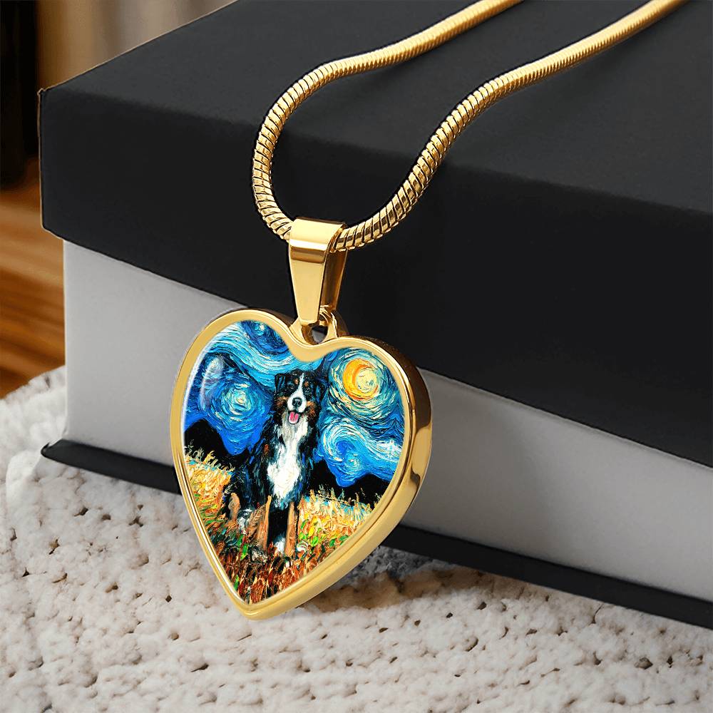 Bernese Mountain Dog Starry Night Heart Necklace
