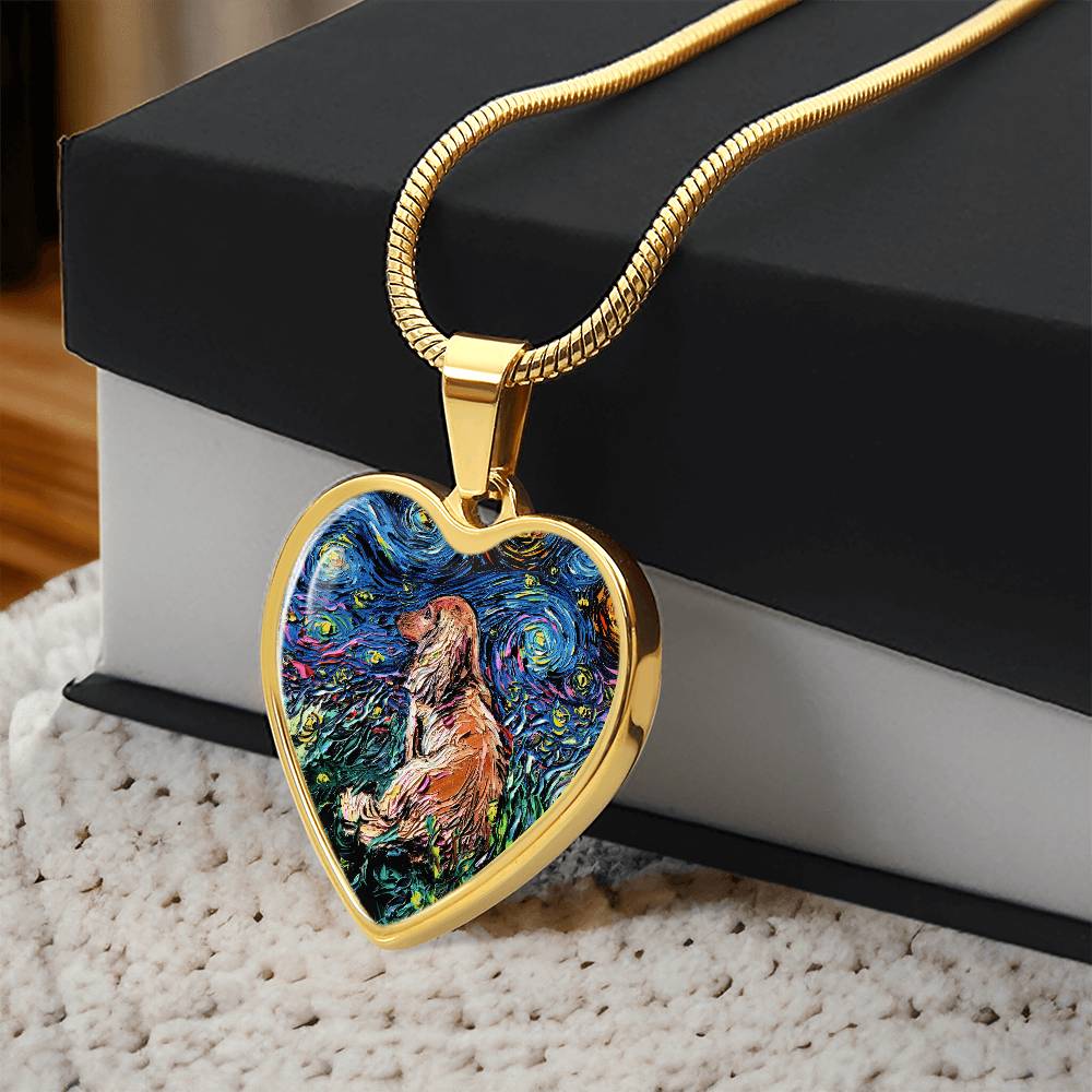 Brown Long Hair Dachshund Starry Night Heart Necklace