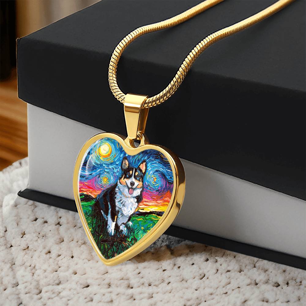 Tri Color Corgi Starry Night Heart Necklace