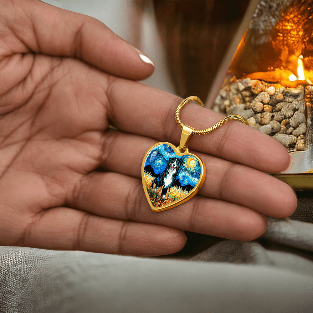 Bernese Mountain Dog Starry Night Heart Necklace