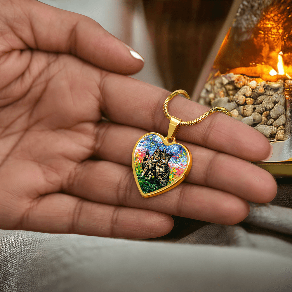 Two Tabby Cats Starry Night Heart Necklace