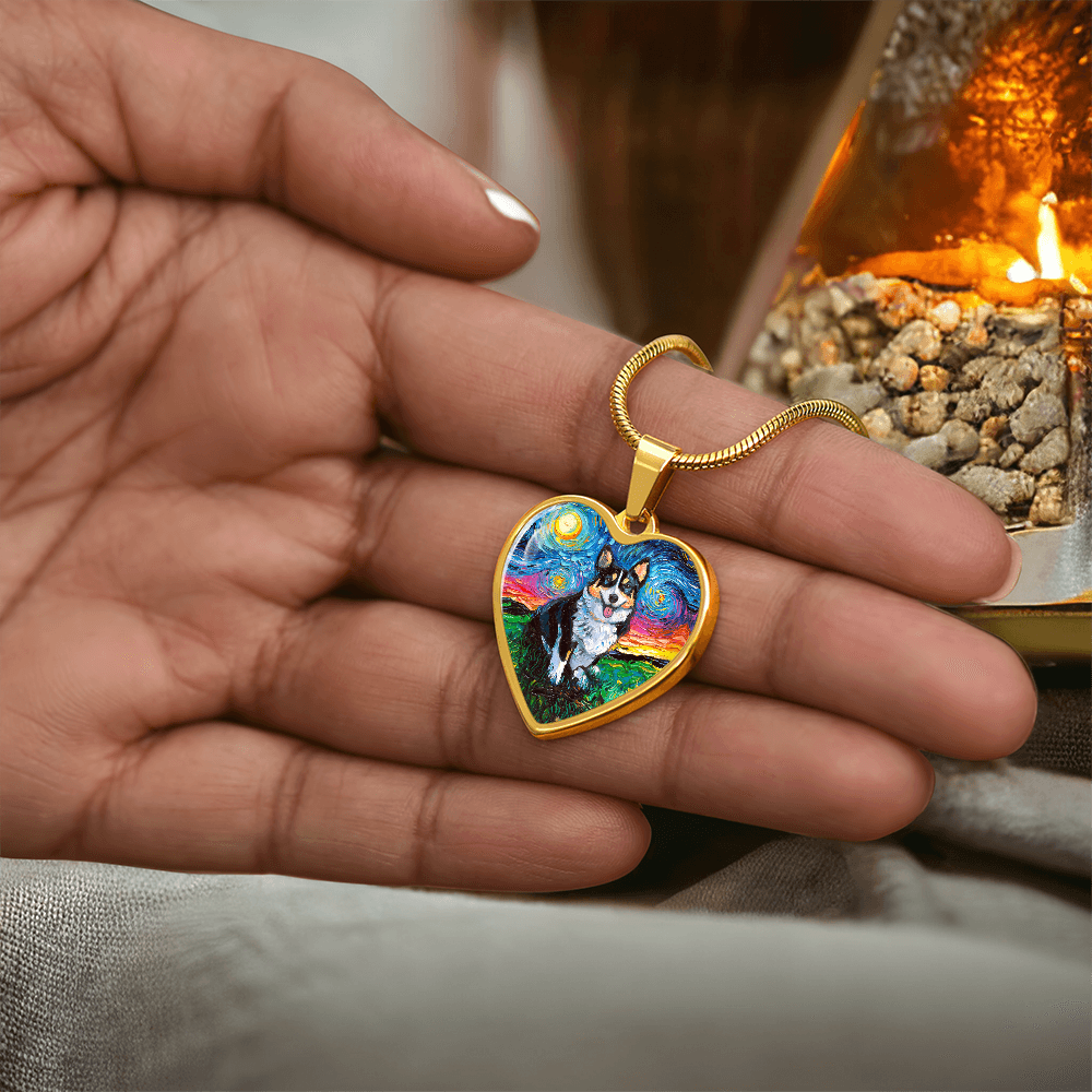 Tri Color Corgi Starry Night Heart Necklace