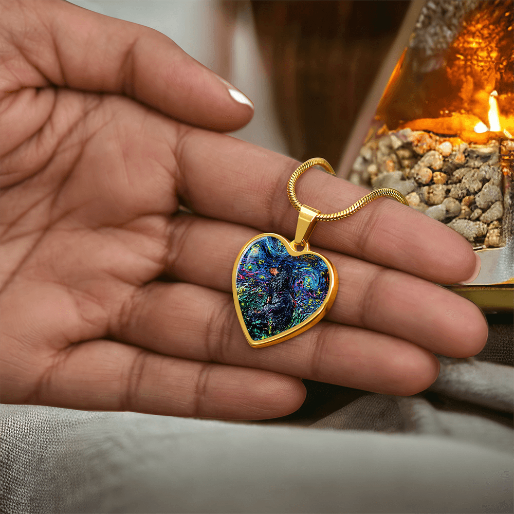 Black and Tan Long Hair Dachshund Starry Night Heart Necklace