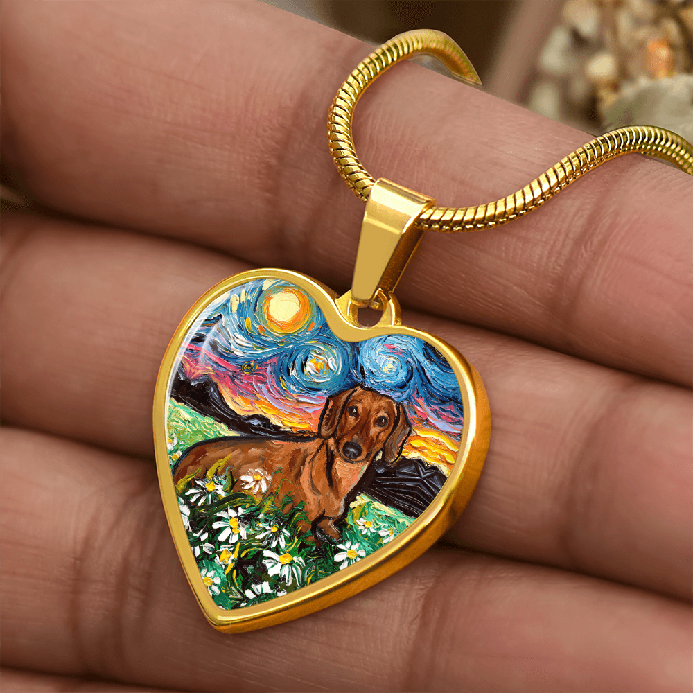 Brown Dachshund with Flowers Starry Night Heart Necklace