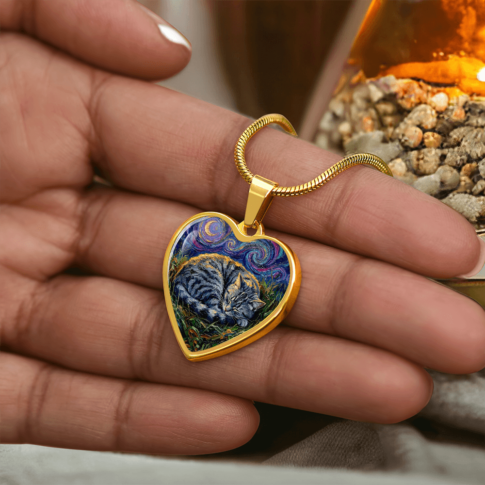 Sleepy American Shorthair Tabby Heart Necklace