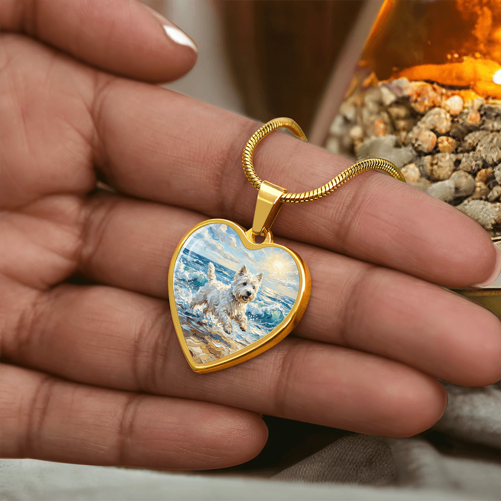 Frolicking Westie at the Beach Heart Necklace