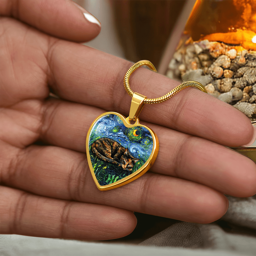 Sleepy Tortie Starry Night Heart Necklace