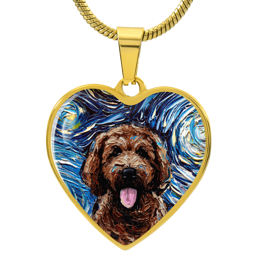 Brown Goldendoodle Portrait Starry Night Heart Necklace