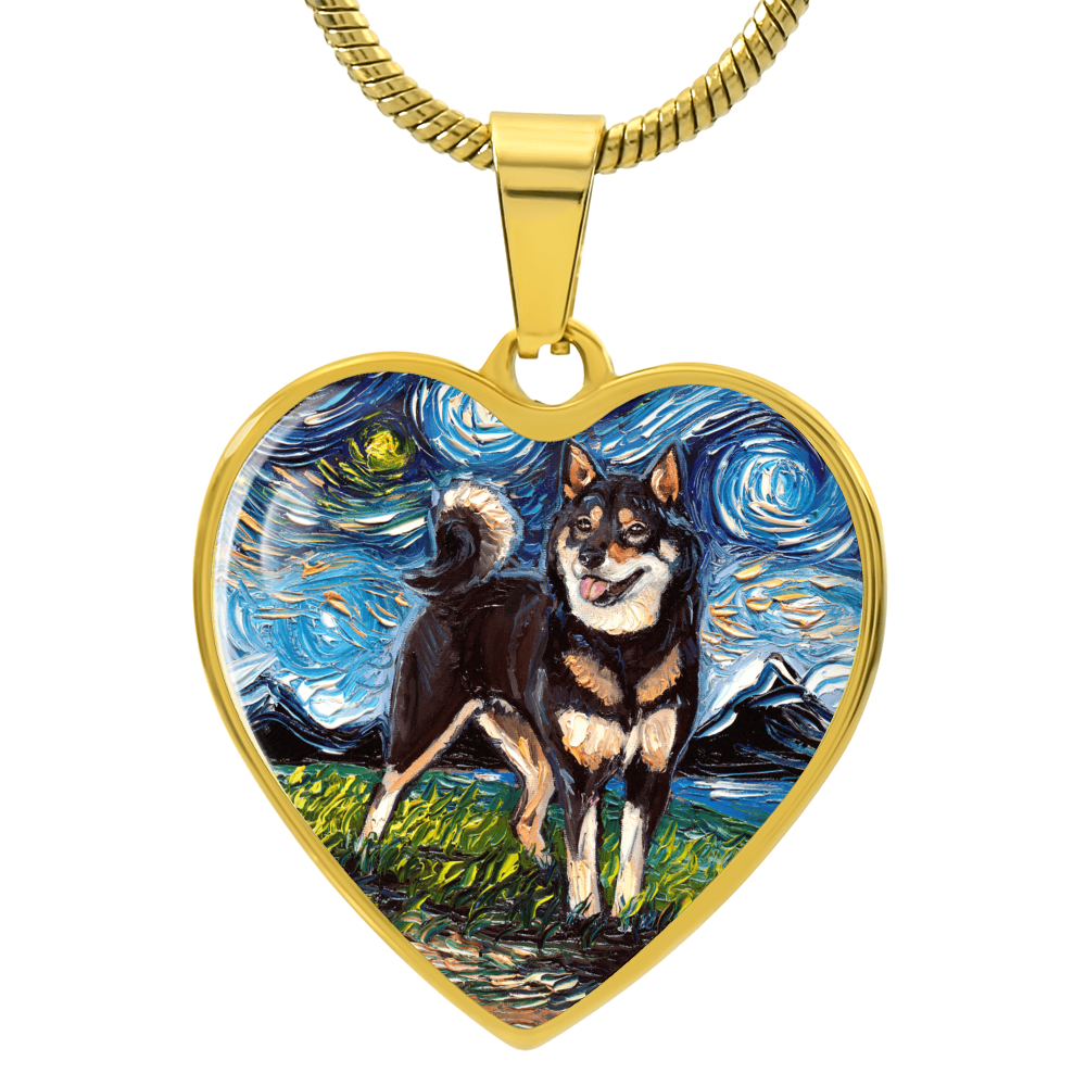 Black and Tan Shiba Inu Starry Night Heart Necklace