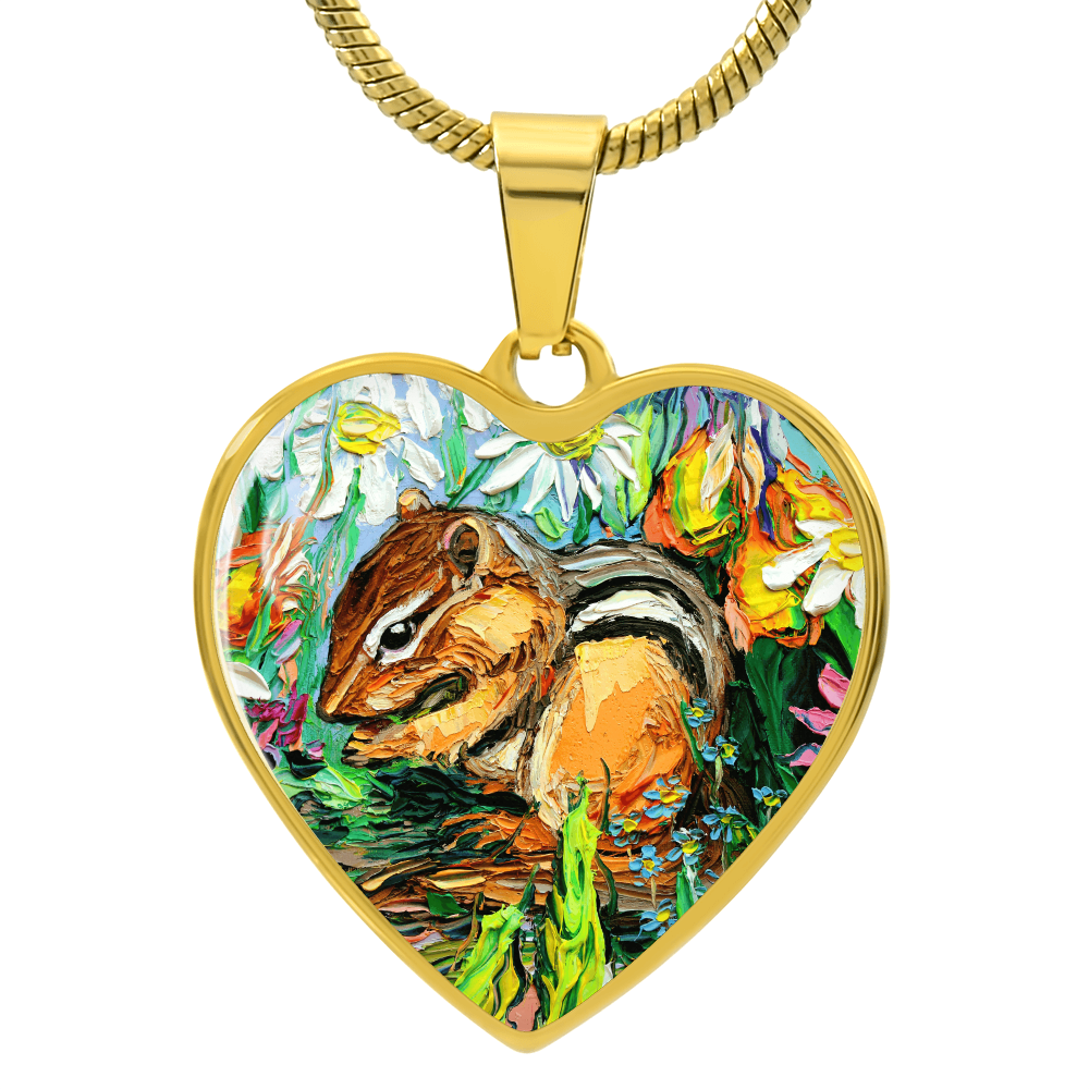 Chipmunk in Spring Garden Heart Necklace