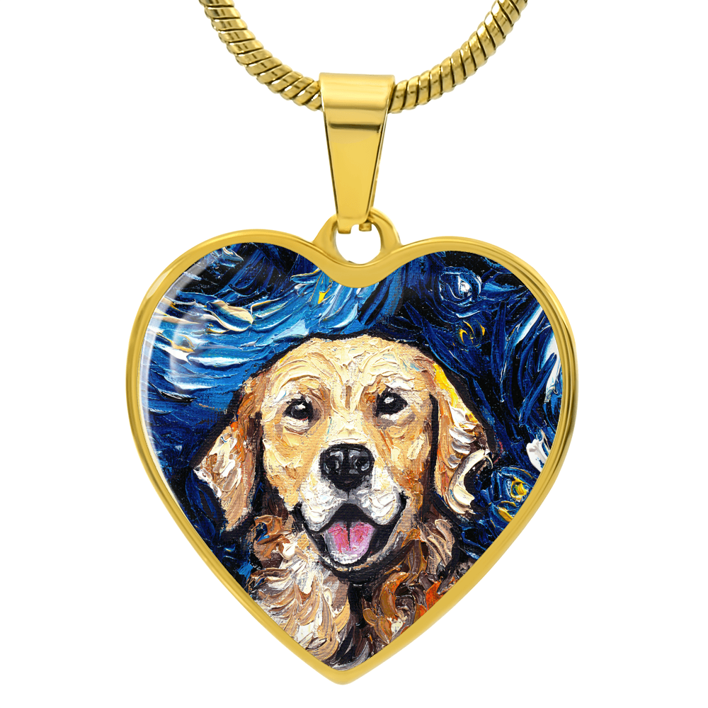 Golden Retriever Portrait Starry Night Heart Necklace