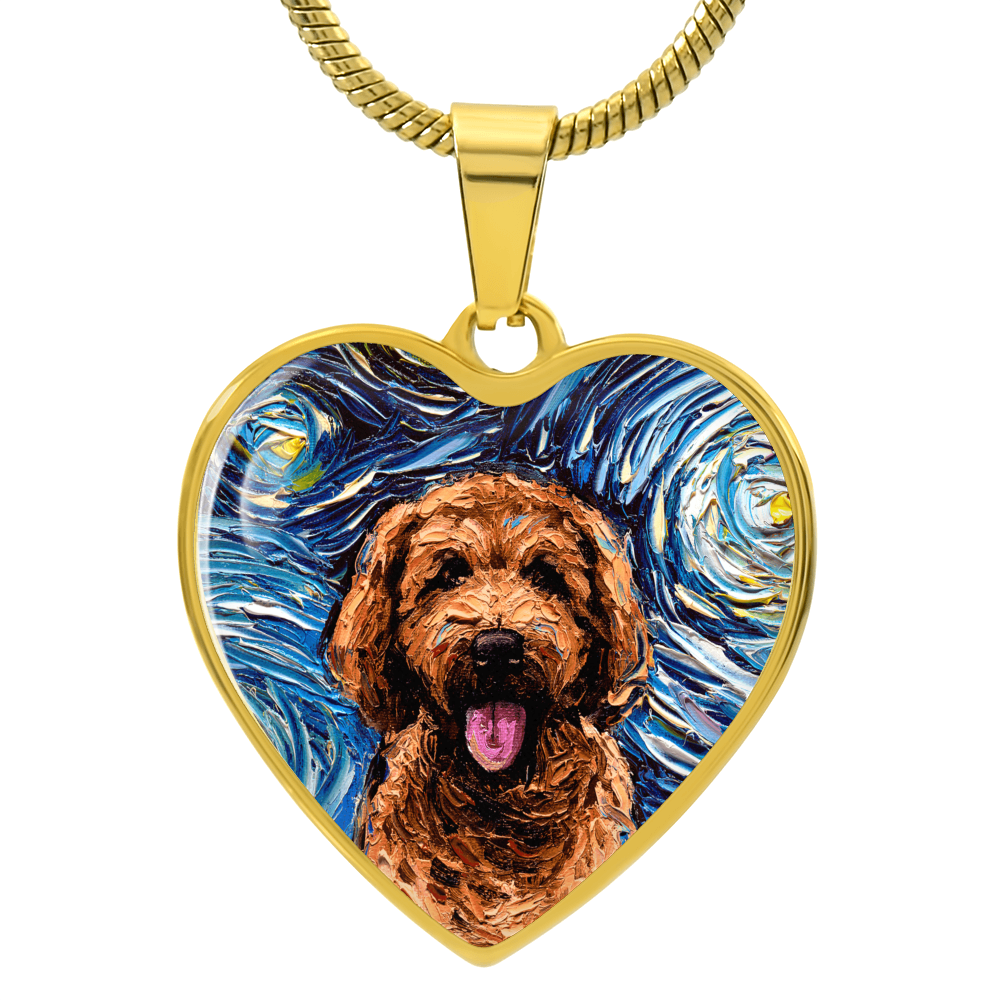 Apricot Goldendoodle Portrait Starry Night Heart Necklace