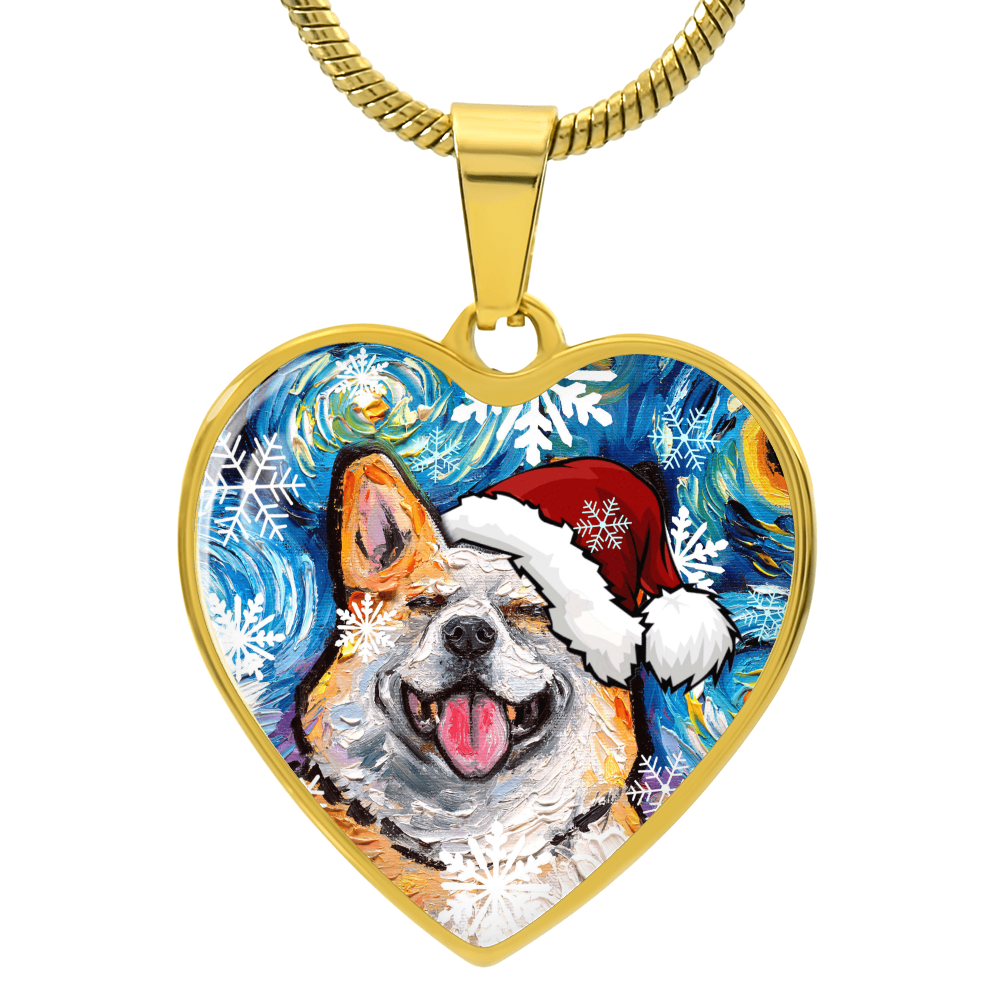 Smiling Corgi Christmas Heart Necklace