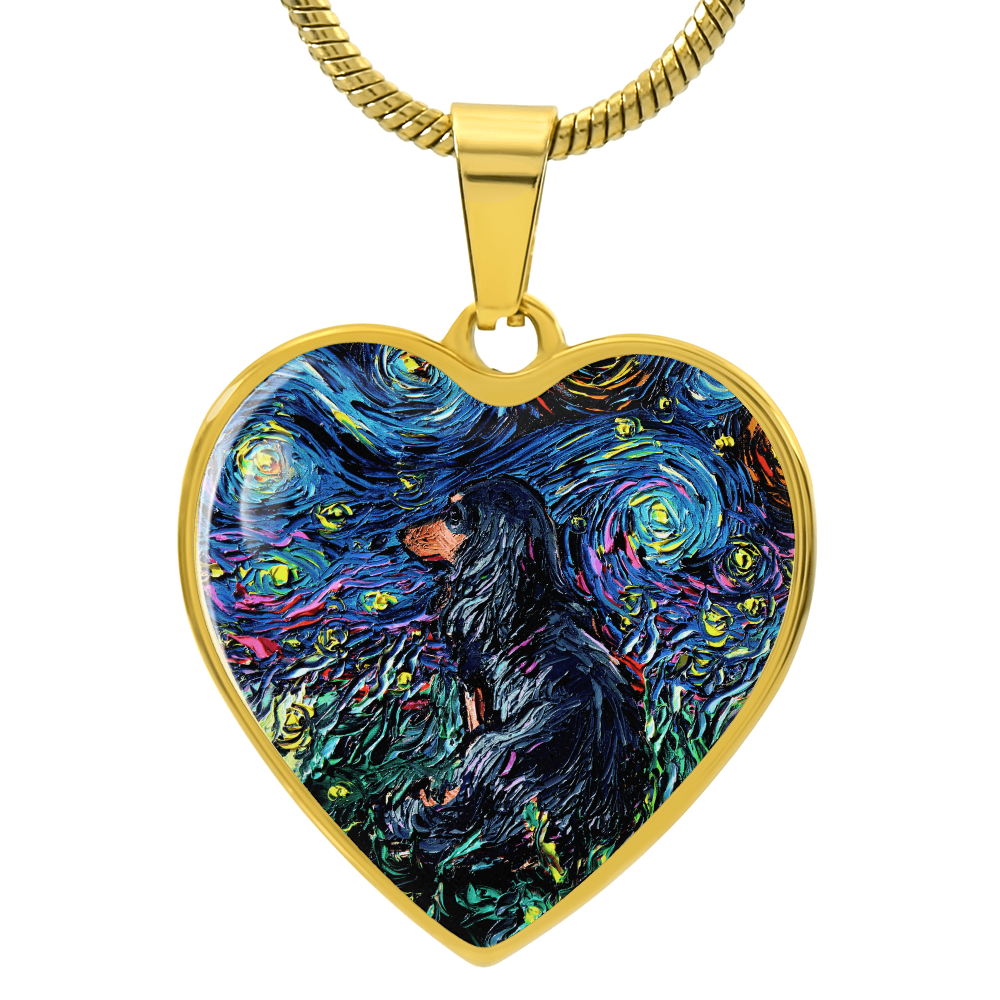Black and Tan Long Hair Dachshund Starry Night Heart Necklace