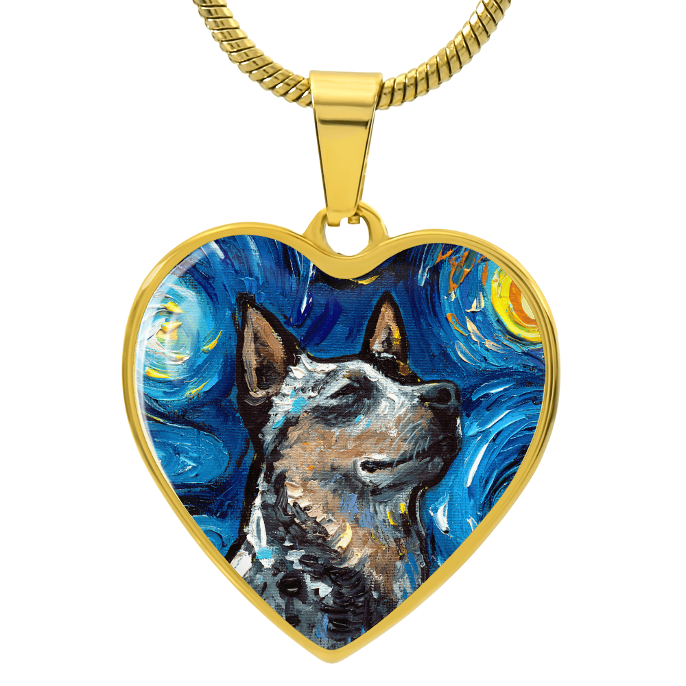 Blue Heeler Portrait Starry Night Heart Necklace