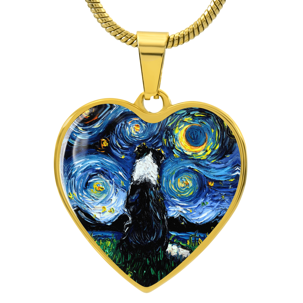 Border Collie Back Starry Night Heart Necklace