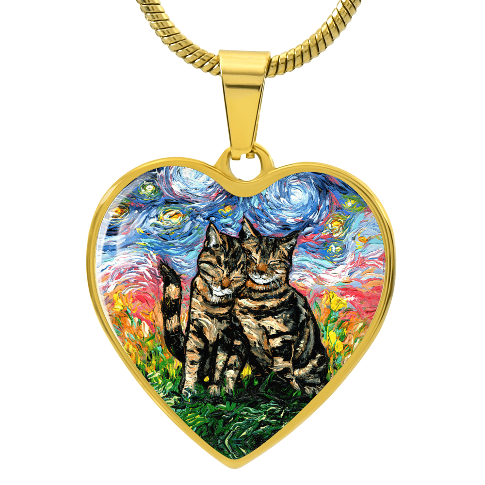 Two Tabby Cats Starry Night Heart Necklace