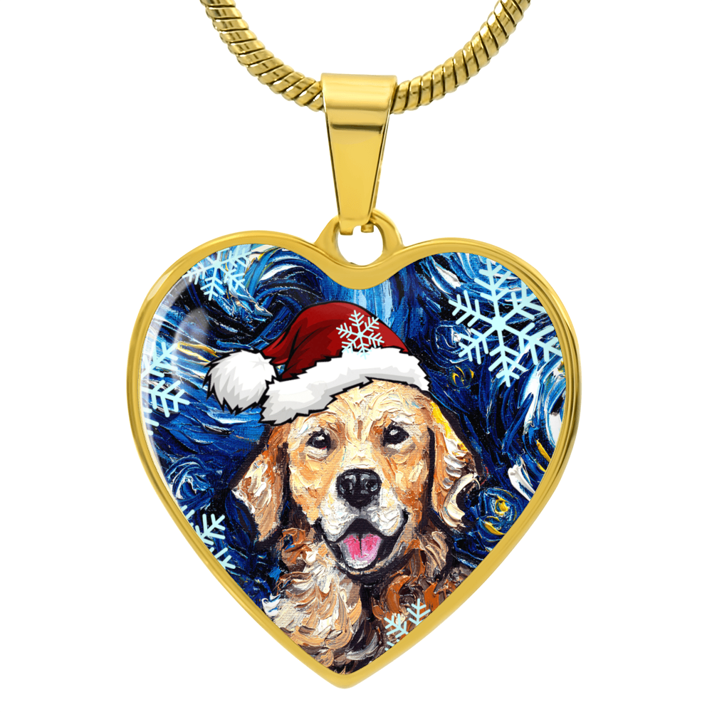 Golden Retriever in Santa Hat Starry Night Heart Necklace