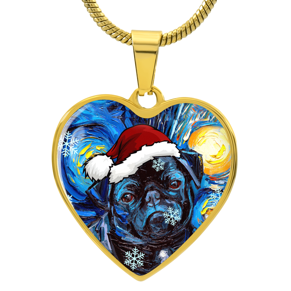 Santa Black Pug Heart Necklace