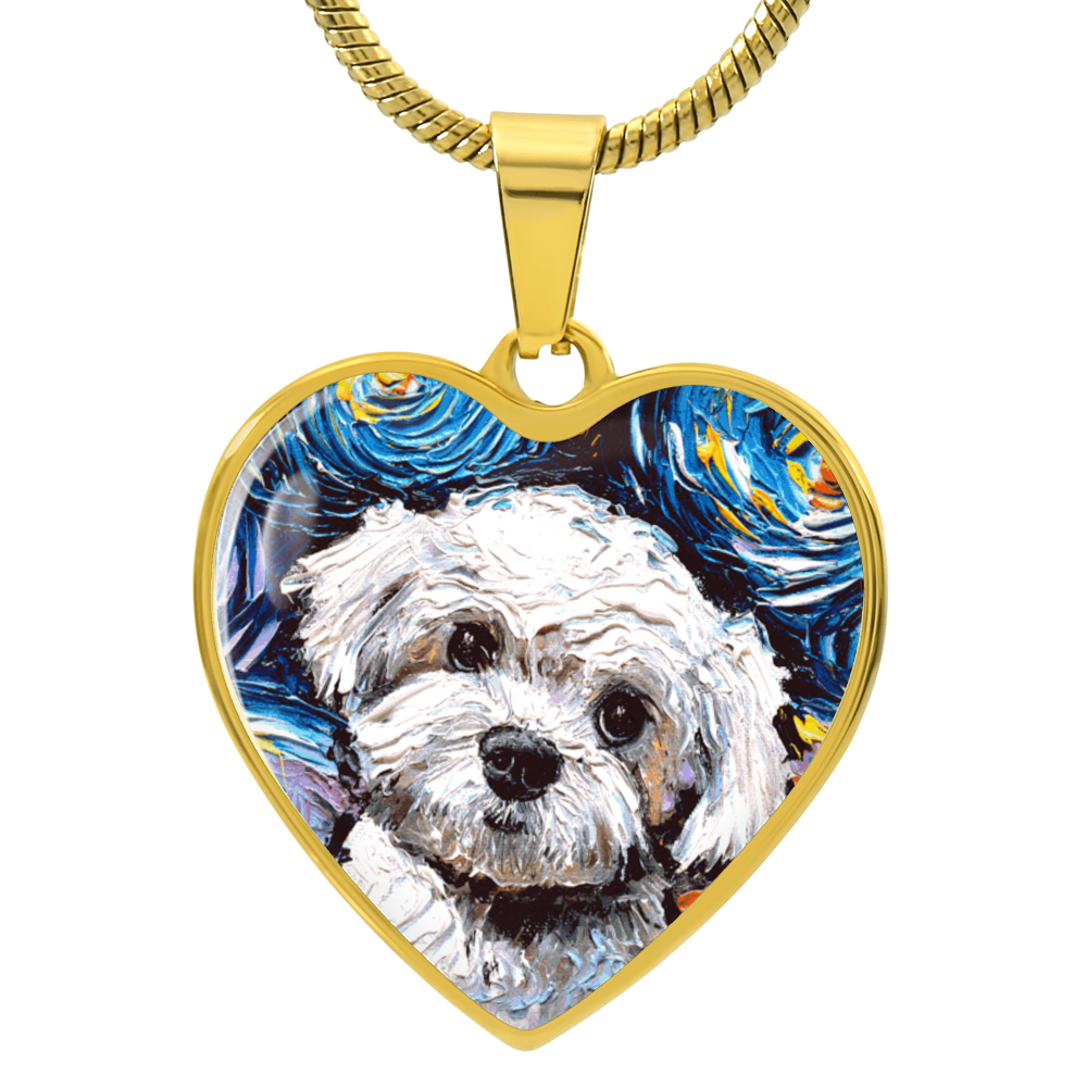 Maltipoo Portrait Starry Night Heart Necklace