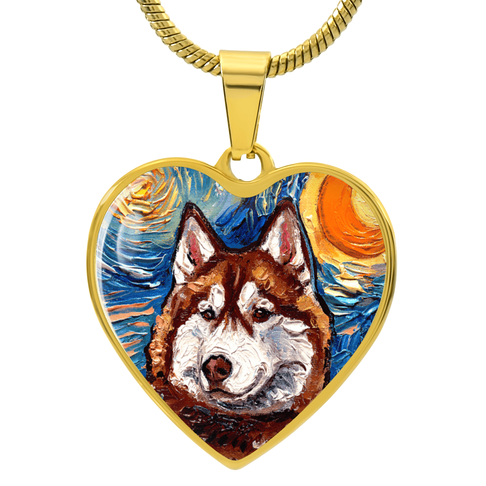 Red and White Husky Portrait Starry Night Heart Necklace