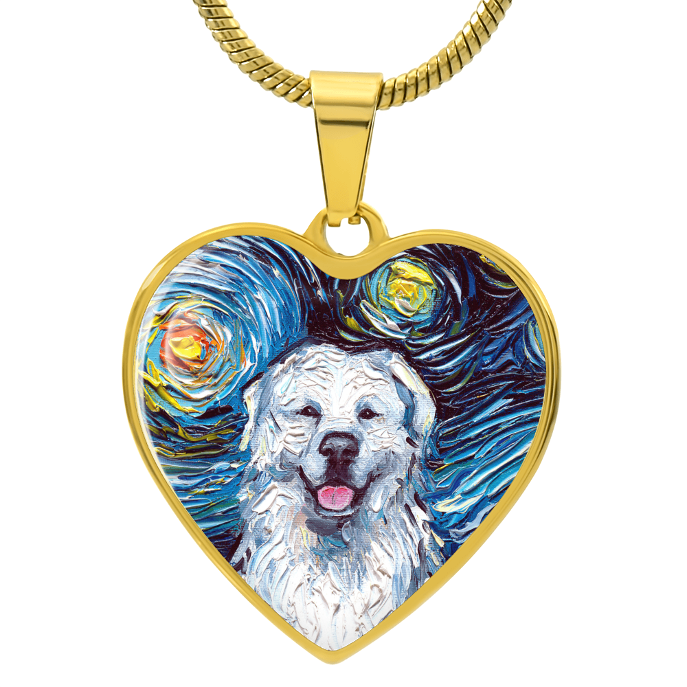 Great Pyrenees Portrait Starry Night Heart Necklace