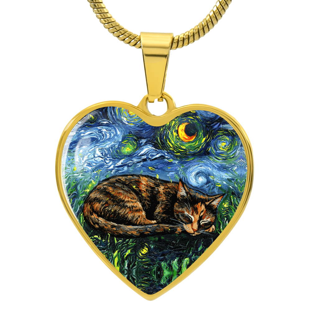 Sleepy Tortie Starry Night Heart Necklace