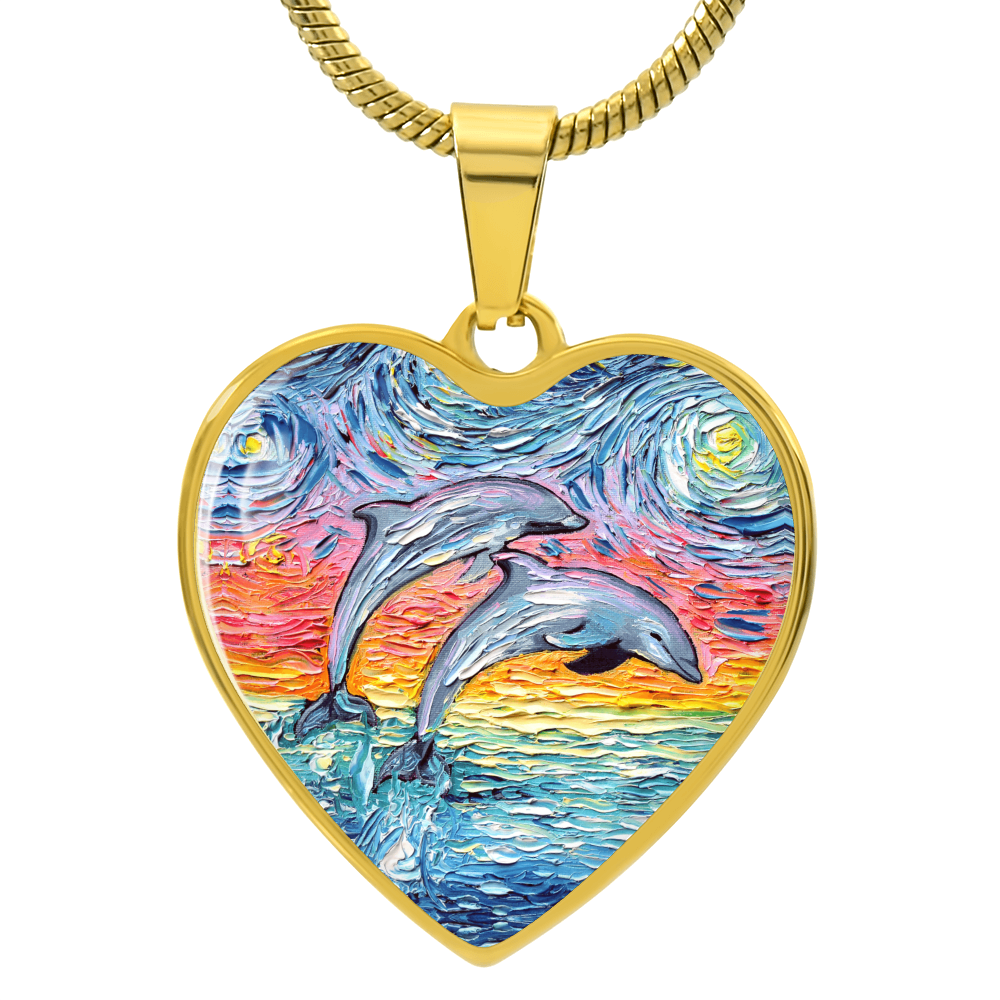 Dolphins Jumping Pastel Starry Night Heart Necklace