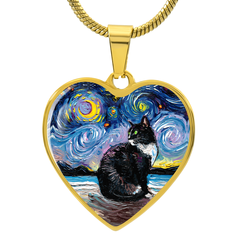Tuxedo Cat with Green Eyes and White up nose Starry Night Heart Necklace